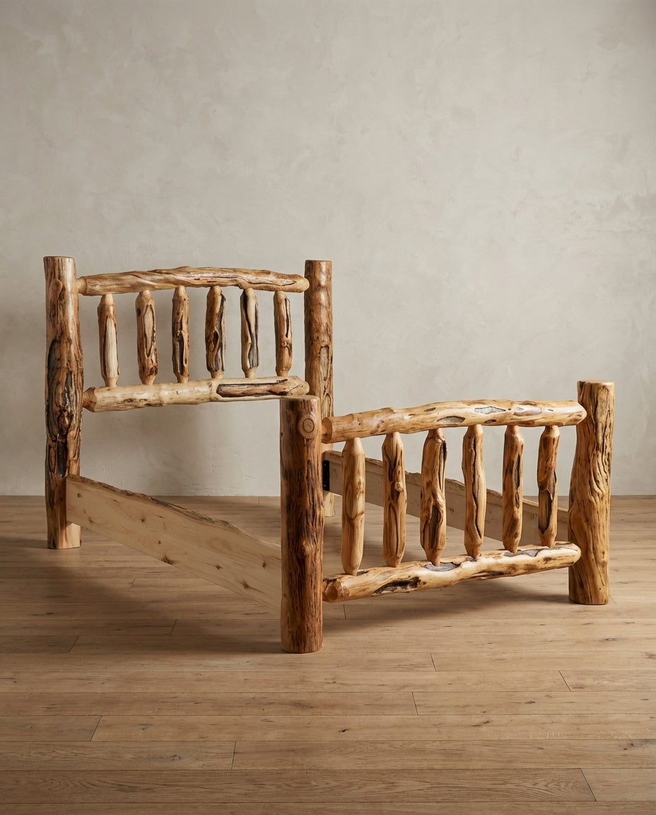 Log aspen gnarly timberland bed shown to corral around any bed support. 