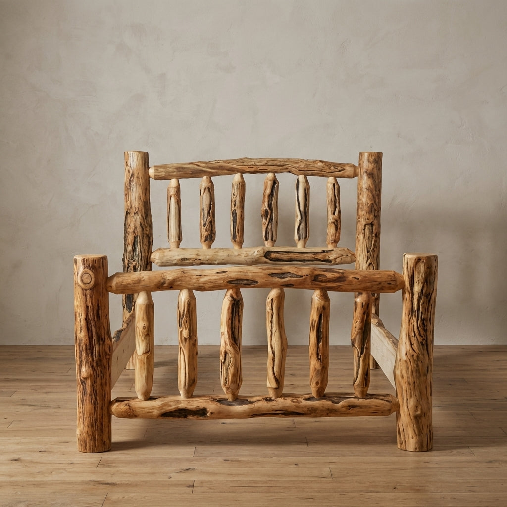 Log aspen timberland bed taken from a straight angle looking at headboard and footboard.