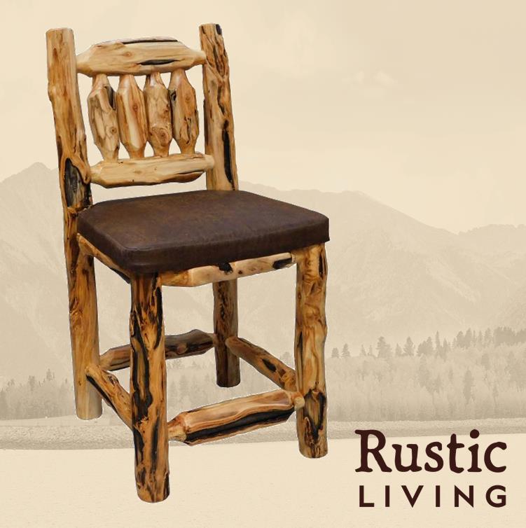 Rustic log Timberland counter-height chair crafted from gnarly log wood, featuring a natural textured finish, sturdy construction, and a lodge-inspired design that adds rugged cabin character to a counter or bar area.