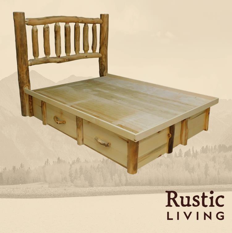 A wooden log headboard with flat front design, featuring four drawers on each side. The bed is set against a backdrop of a mountainous landscape, indicating a rustic style.