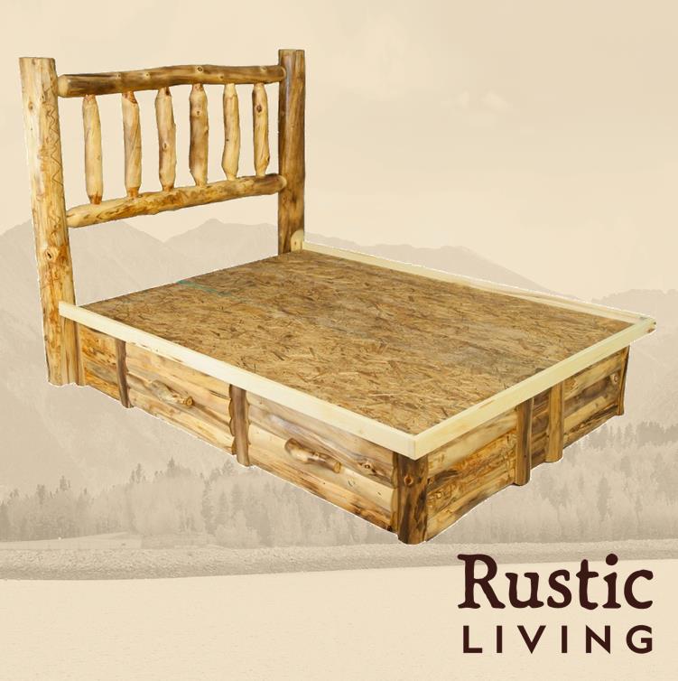 A solid wood rustic log bed frame with headboard featuring under storage drawers, marketed by Rustic Living.