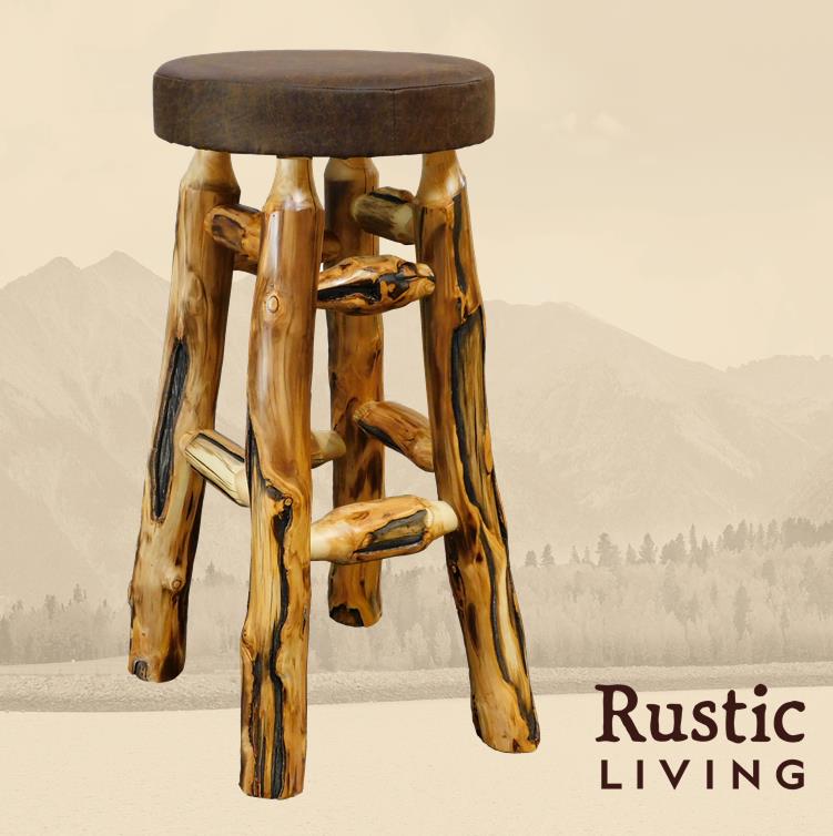 Rustic log upholstered swivel bar stool crafted from gnarly log wood, featuring a cushioned upholstered seat, swivel functionality, and a sturdy, lodge-inspired design ideal for rustic kitchen islands or home bars.