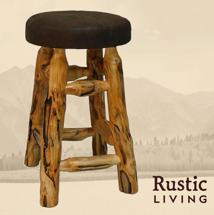 Rustic log upholstered swivel counter stool crafted from gnarly log wood, featuring a cushioned upholstered seat, smooth swivel function, and a rugged lodge-inspired design that adds comfortable cabin-style seating to a counter or bar.