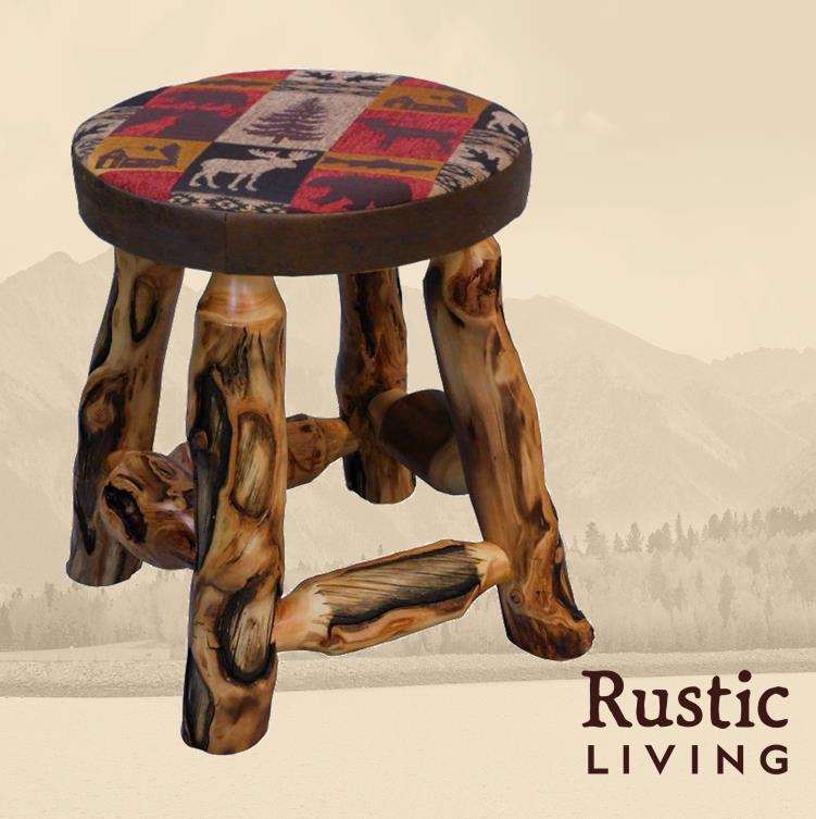 Rustic log upholstered swivel dining stool crafted from gnarly log wood, featuring a cushioned upholstered seat, smooth swivel function, and a rugged lodge-inspired design that adds comfortable cabin-style seating.
