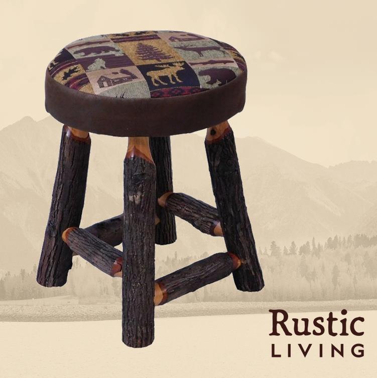Rustic log upholstered swivel dining stool crafted from hickory log wood, featuring a cushioned upholstered seat, smooth swivel function, and a warm lodge-inspired design ideal for rustic dining spaces.