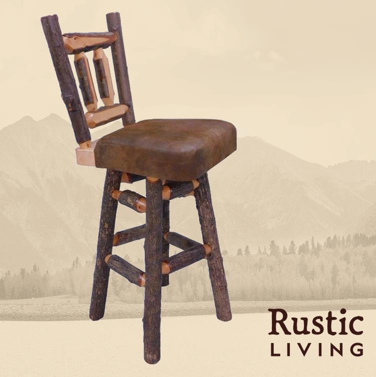 Rustic log Woodland bar stool crafted from hickory log wood, featuring a cushioned upholstered seat, sturdy log-frame construction, and a natural, lodge-inspired design ideal for rustic kitchens or home bars.