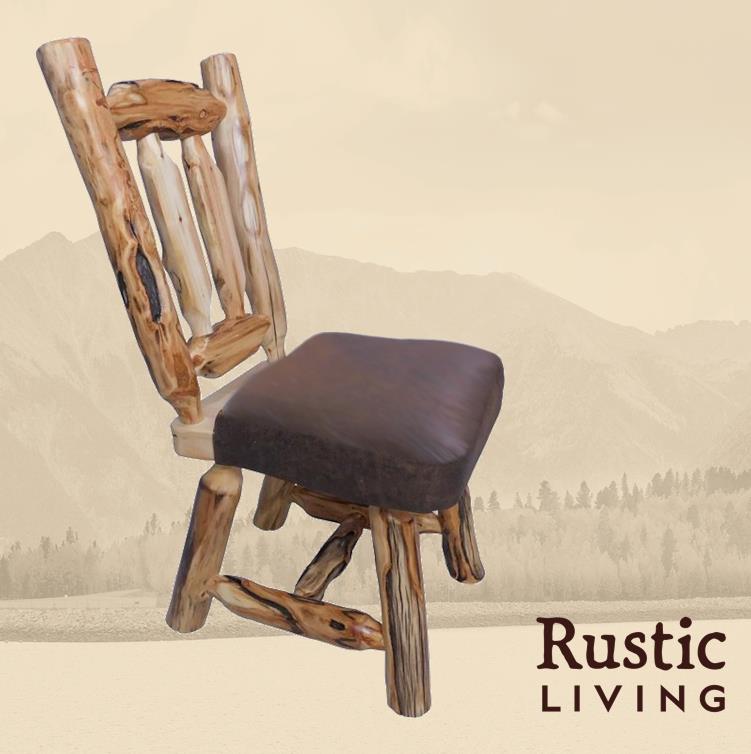 Rustic log Woodland dining chair featuring a cushioned upholstered seat  crafted from natural logs with visible knots and grain, showcasing a sturdy, handcrafted frame and a cozy, cabin-inspired design for rustic dining spaces.