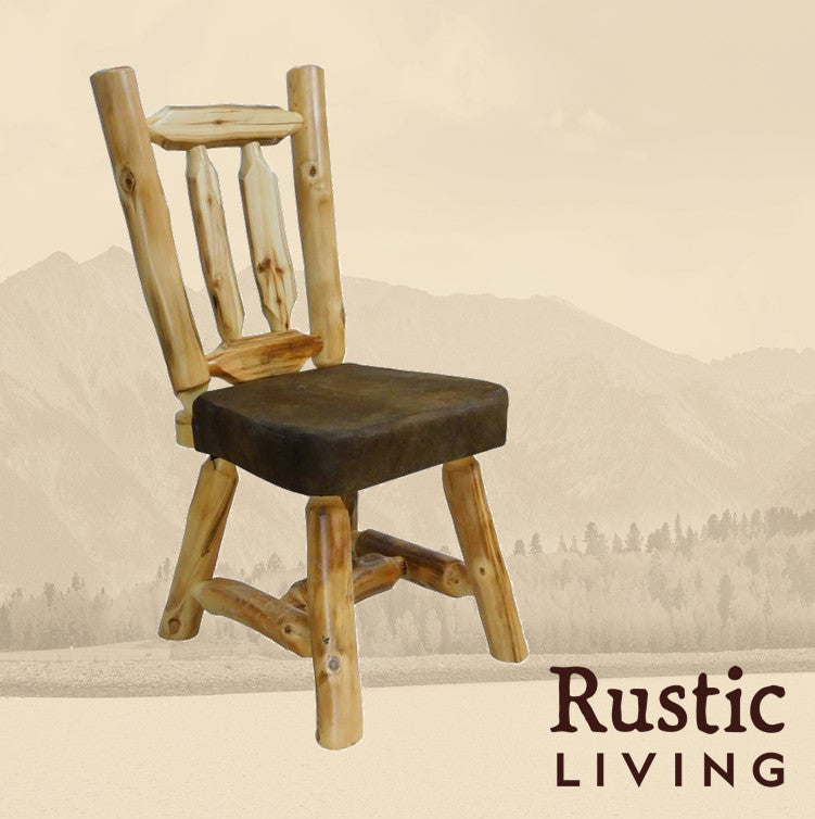 Rustic log Woodland dining chair featuring a cushioned upholstered seat , crafted from natural logs with visible knots and grain, showcasing a sturdy, handcrafted frame and a cozy, cabin-inspired design for rustic dining spaces.