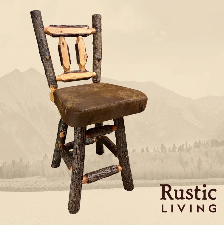 Rustic log upholstered swivel bar stool crafted from hickory log wood, featuring a cushioned upholstered seat, swivel functionality, and a sturdy, lodge-inspired design ideal for rustic kitchen islands or home bars.