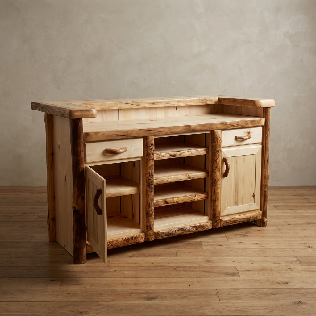 Log bar with a door open to show what inside the door. 