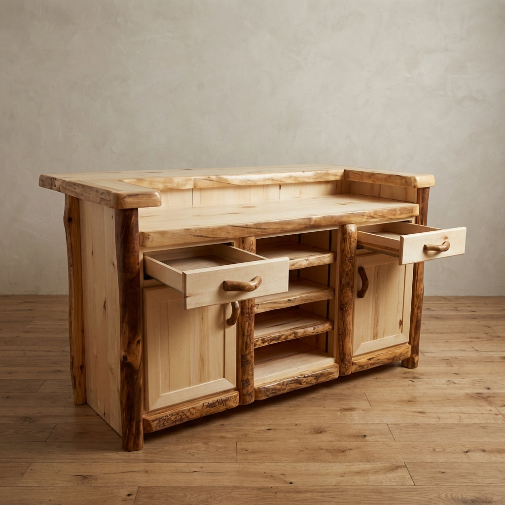 Log bar that shows the drawers open. The drawers are a solid wood drawer and they have under-mount drawer glides. 