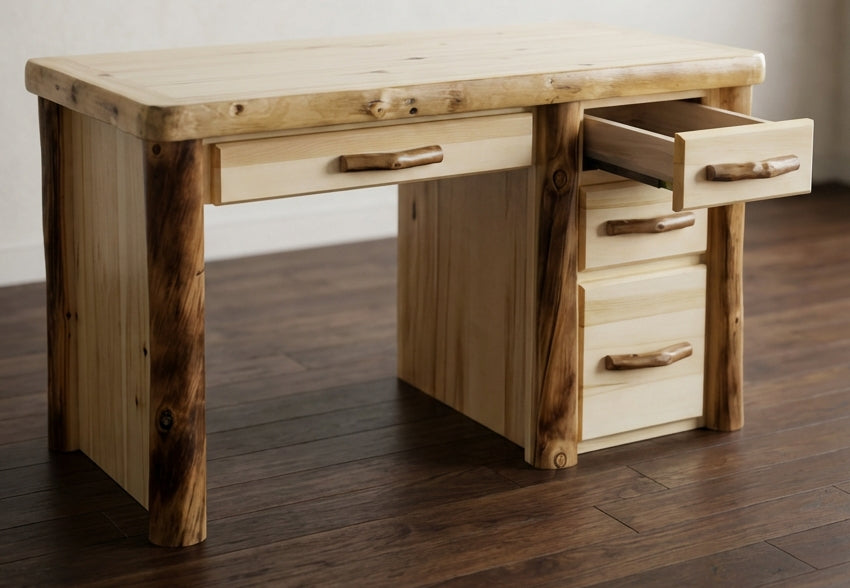Log wall desk showing the solid wood drawer open.