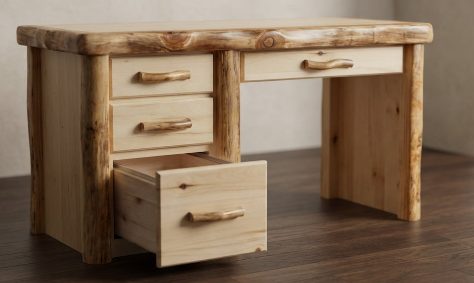 Log wall desk showing the solid wood file drawer open. 