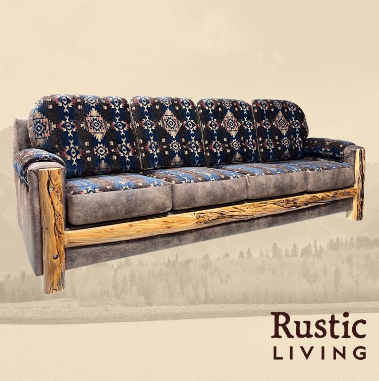 Mountain Comfort 4-seater sofa crafted from gnarly logs, showcasing a rugged, rustic design with thick, twisted wood accents. The sofa features plush cushions for extended comfort and a sturdy log frame with natural knots and curves, perfect for a lodge or cabin setting.