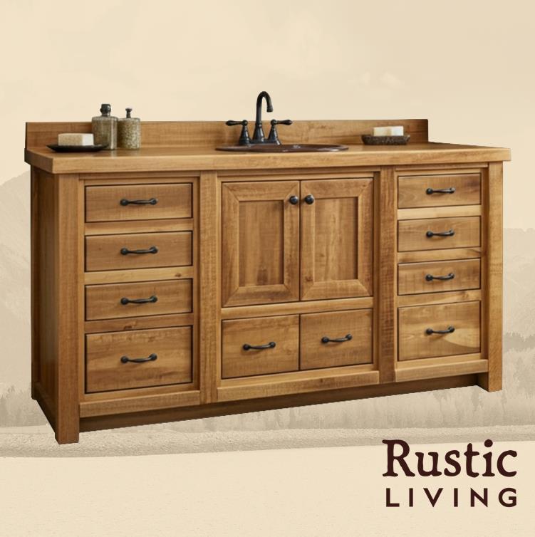 Rustic farmhouse 9-drawer vanity made from natural wood with a english chestnut finish, featuring nine spacious drawers with metal hardware, a sturdy vanity top, and a charming, country-inspired design ideal for a bathroom.
