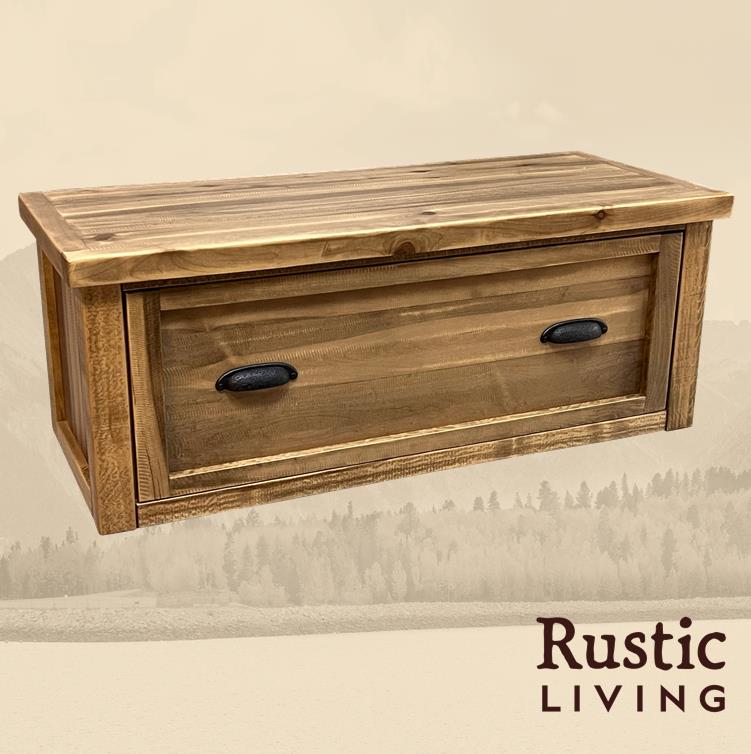 Rustic Farmhouse Bench Chest in Heritage handmade in America using solid wood custom made for your mountain cabin, lodge, farmhouse, ranch and western lifestyle.