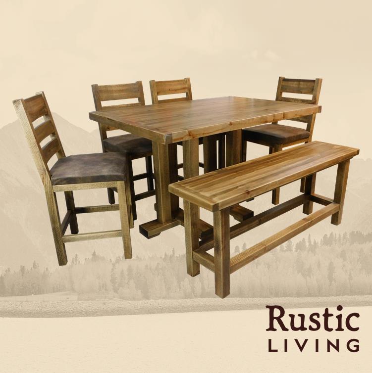 A rustic wooden dining set including a table, four chairs, and a bench.