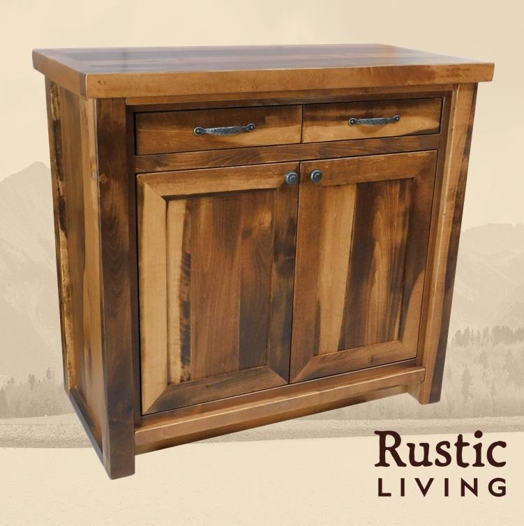 Rustic farmhouse server with artisan front, handcrafted from solid Aspen wood, natural wood grain, and spacious storage compartments, custom made for your mountain cabin, lodge, farmhouse, ranch and western lifestyle.