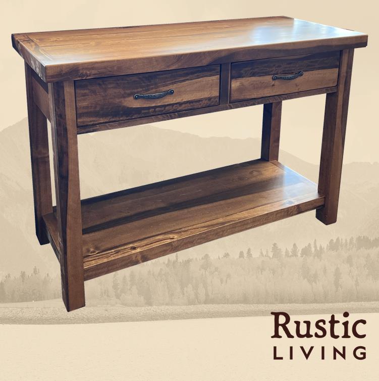 Rustic farmhouse sofa table with drawer, handcrafted from solid Aspen wood, featuring an artisan-style front, natural wood grain, and built-in storage, custom made for your mountain cabin, lodge, farmhouse, ranch and western lifestyle.