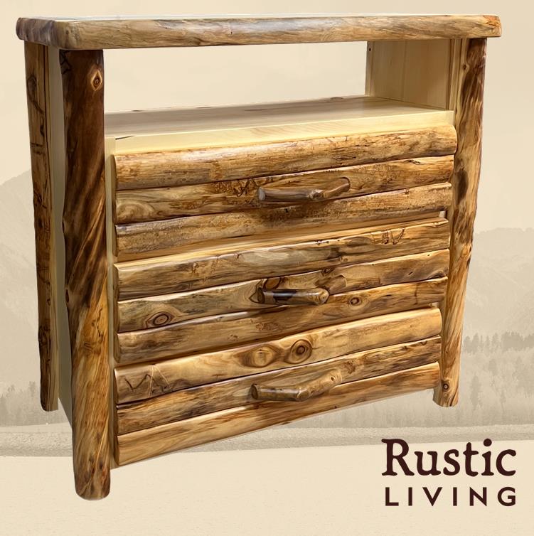 Rustic log Aspen 3-drawer media chest with log front, featuring natural knotty wood textures, rounded log corners, and hand-peeled aspen logs; includes three spacious drawers with wooden pull handles and an open shelf above for media components; handmade in America using solid wood custom made for your mountain cabin, lodge, farmhouse, ranch and western lifestyle.