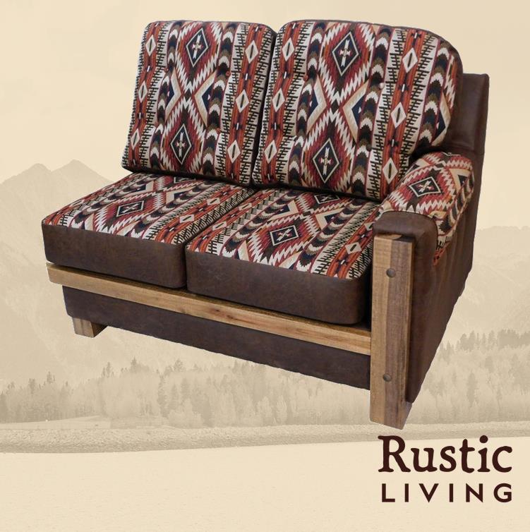 A rustic style love seat with patterned fabric on the cushions and a wooden frame.