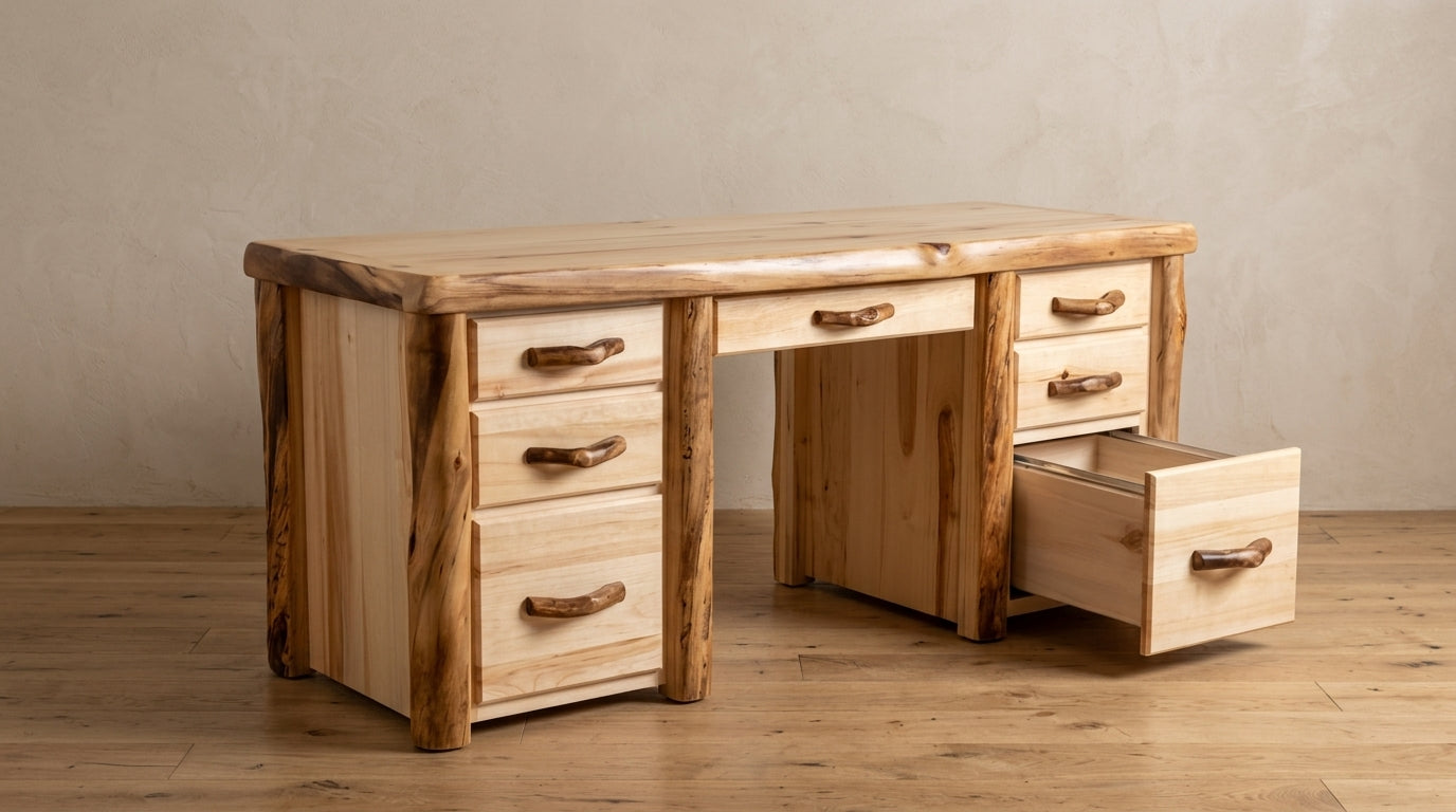 Aspen or Hickory Rustic Log Sierra Desk in Flat Front