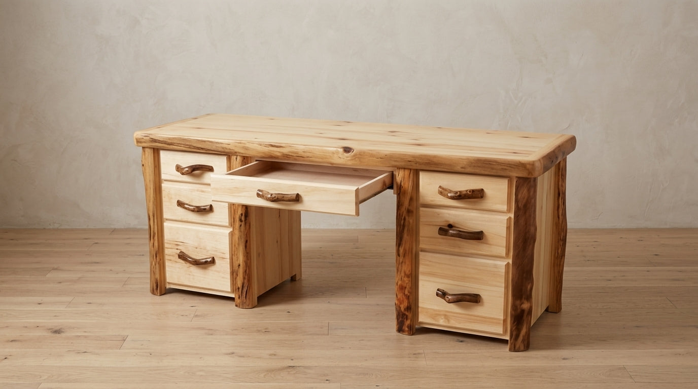 Aspen or Hickory Rustic Log Sierra Desk in Flat Front