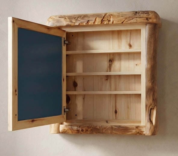 Single door medicine cabinet with  the door open showing the inside. The cabinet shows that it has adjustable shelves.