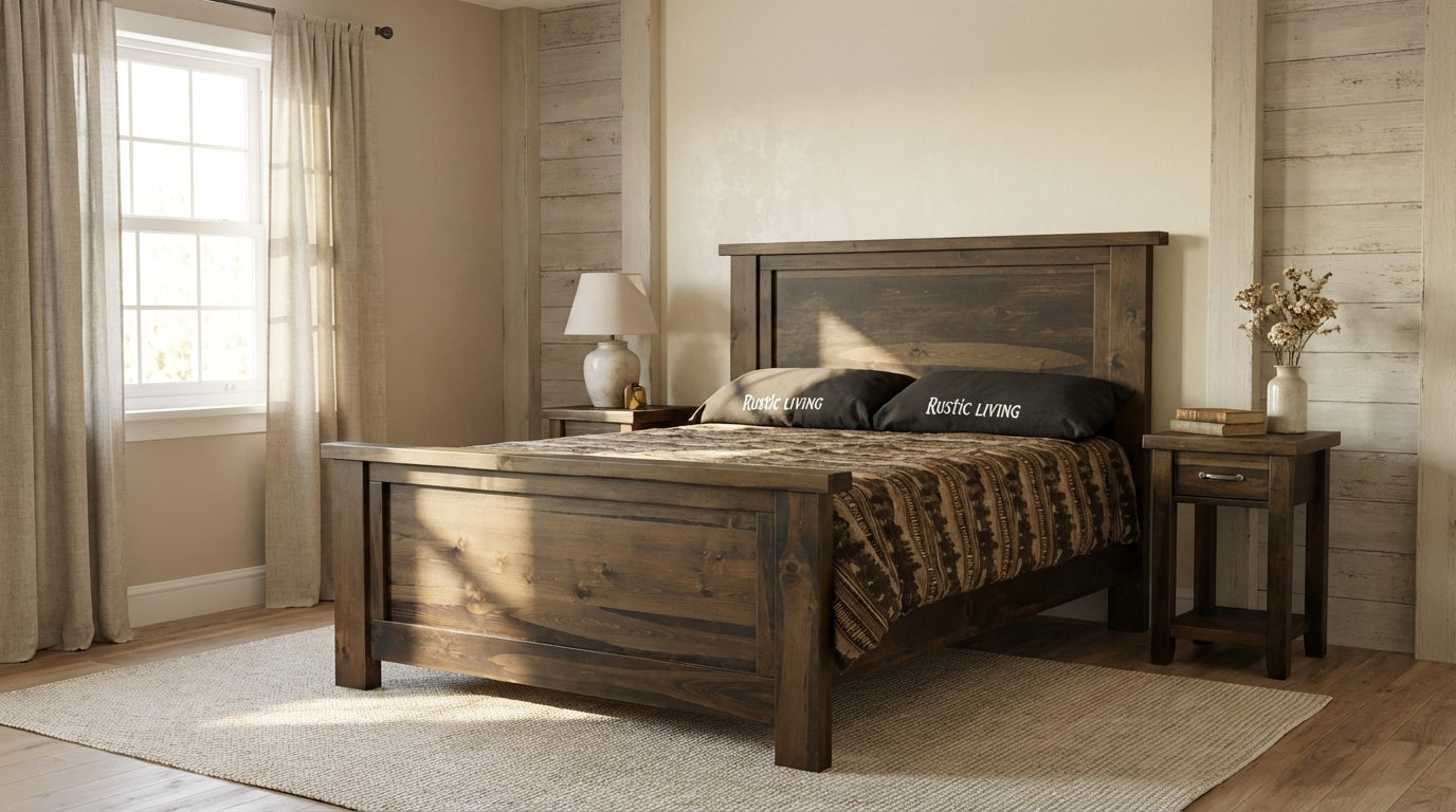 Farmhouse bed in a bedroom with wooden walls and a farmhouse night stand. 