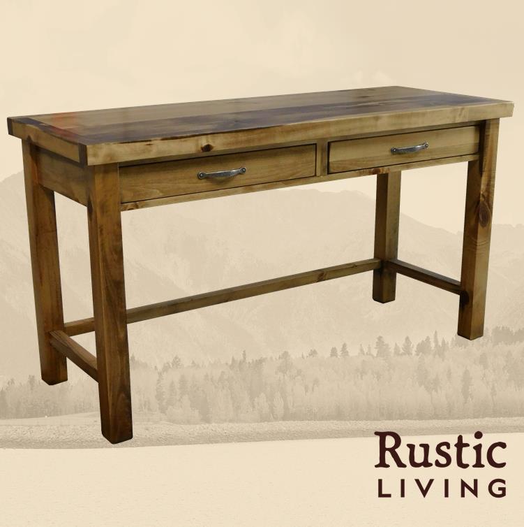 Rustic farmhouse table desk made from solid aspen wood, featuring a spacious work surface and a handcrafted dovetail drawer, ideal for office use.