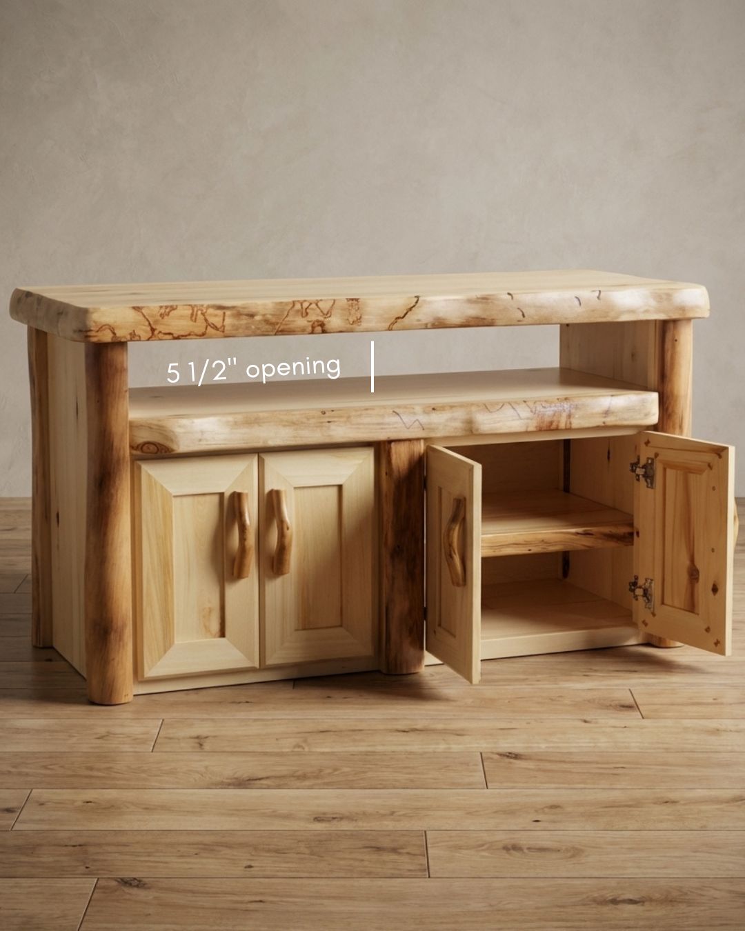 a log television stand with a dimension on the opening  