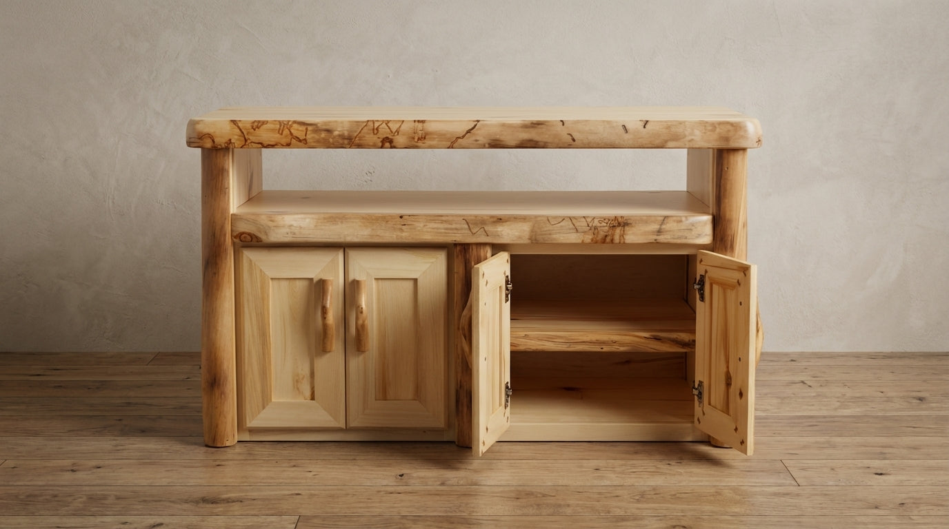 Log television stand with open doors on a wooden floor against a plain wall.