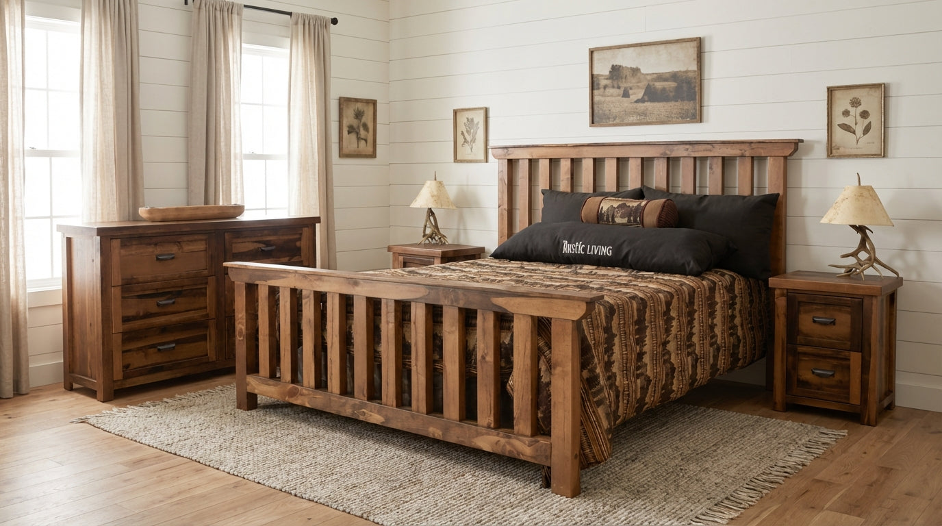 Farmhouse bedroom set with bed, dressers, and lamps in a room with white walls and wooden flooring.