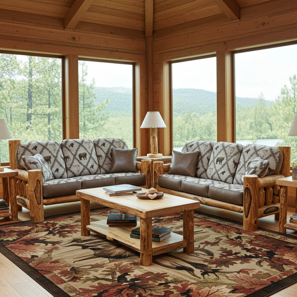 Log living room set in a cabin-themed room with a coffee table and two end tables.