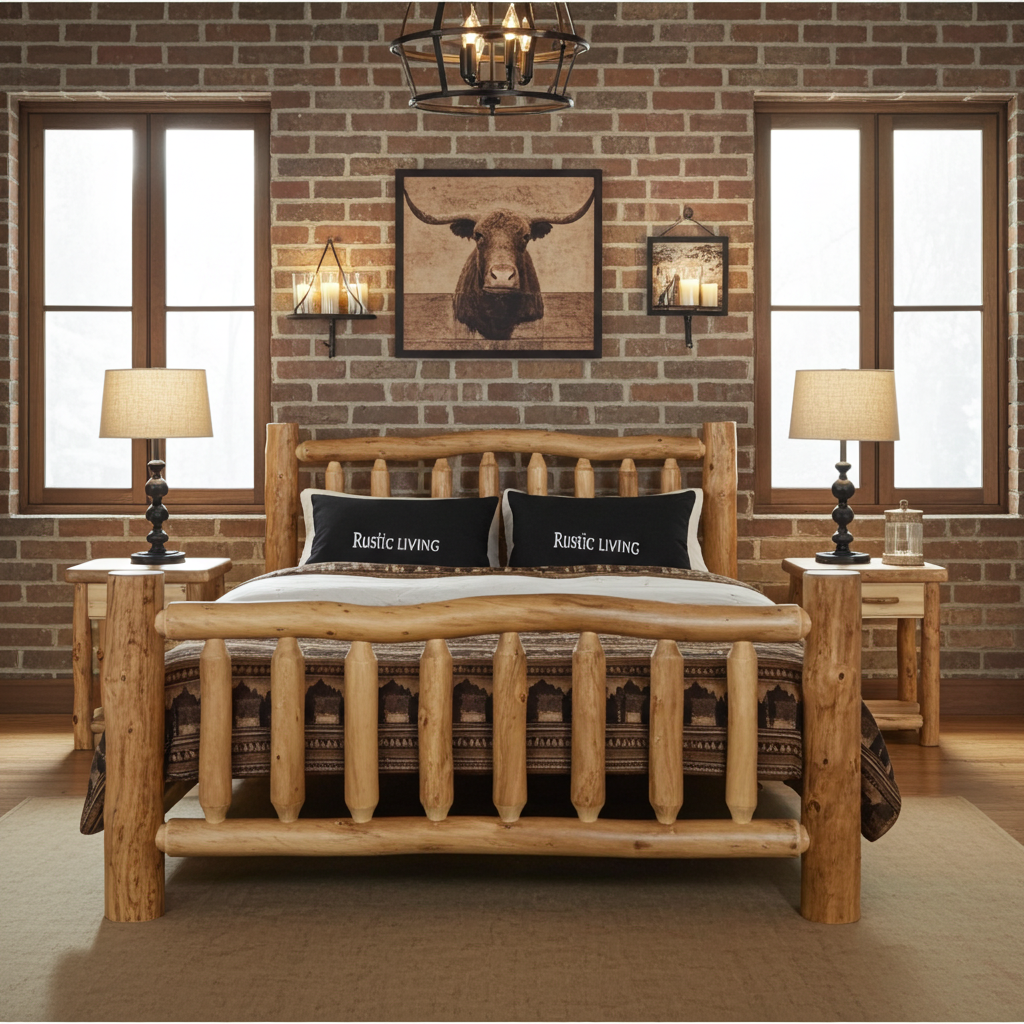 Log bedroom set with bed and nightstands in a cabin-themed bedroom