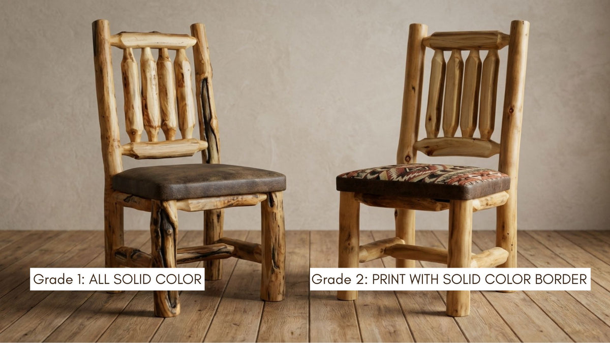 Timberland dining chairs showing the fabric options. 