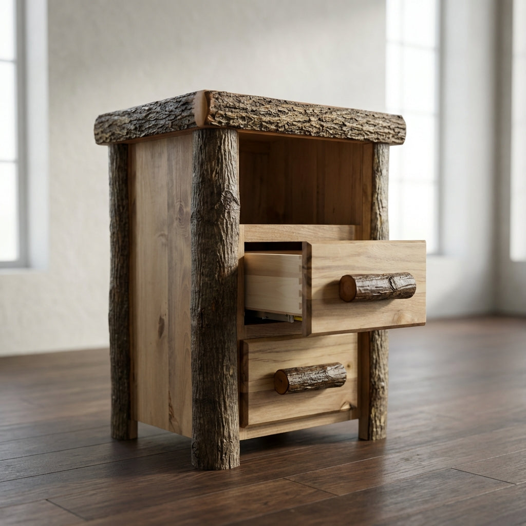 Aspen or Hickory Rustic Log Timberline 2 Drawer Night Stand in Flat Front