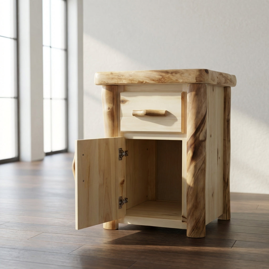 Aspen or Hickory Rustic Log Timberline Night Stand in Flat Front