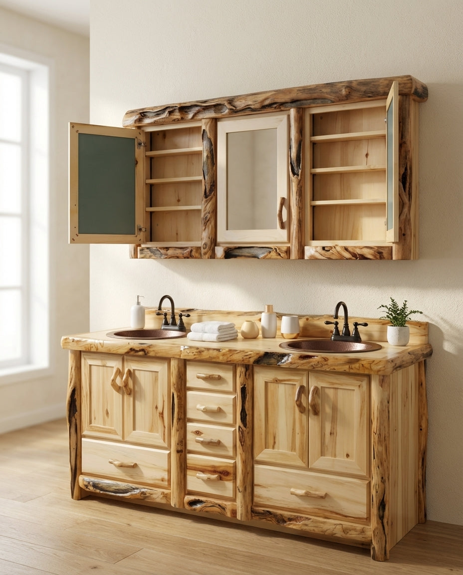 Triple door medicine cabinet with the doors open showing the adjustable shelves. 
