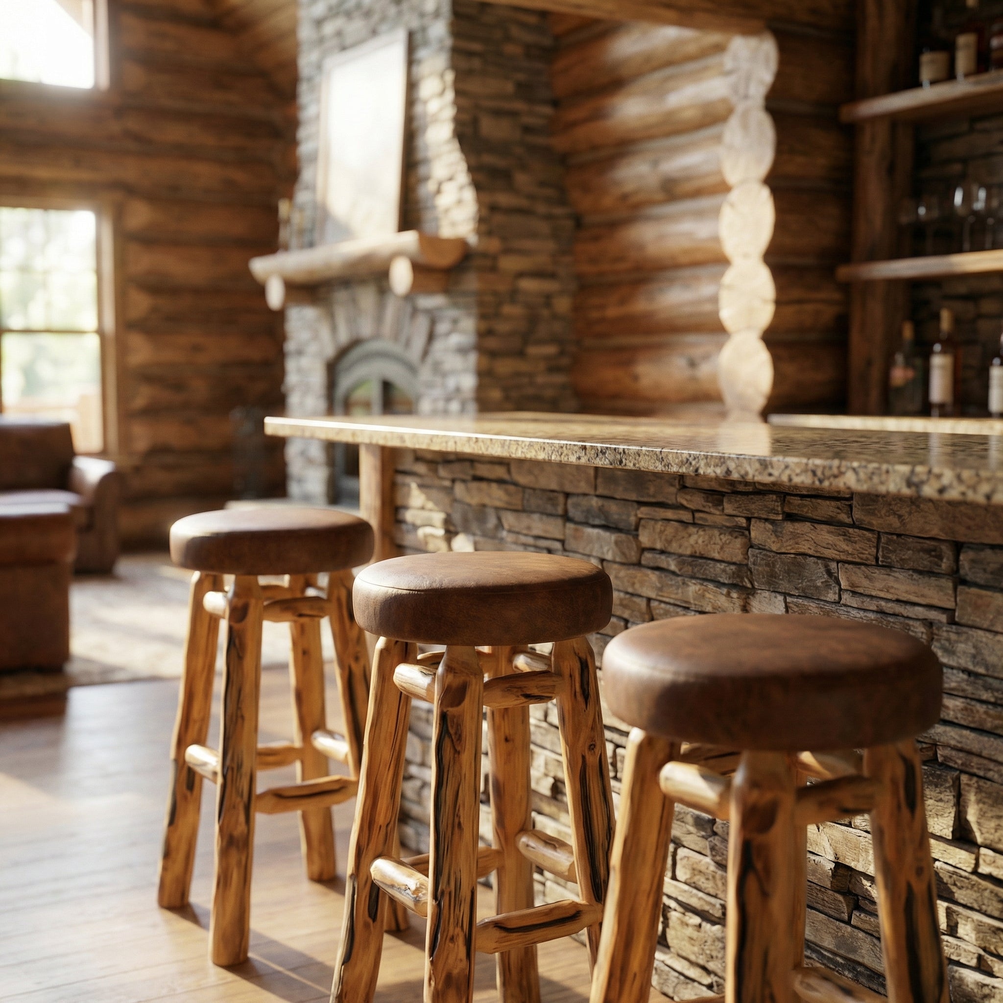 Rustic Log Upholstered Swivel Bar Stool 30"H