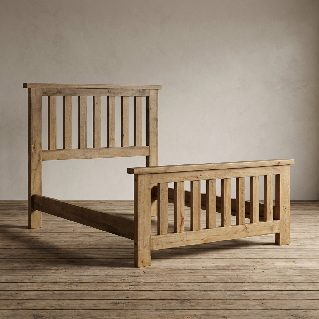 Farmhouse woodland bed in timberframe showing just the bed frame. 