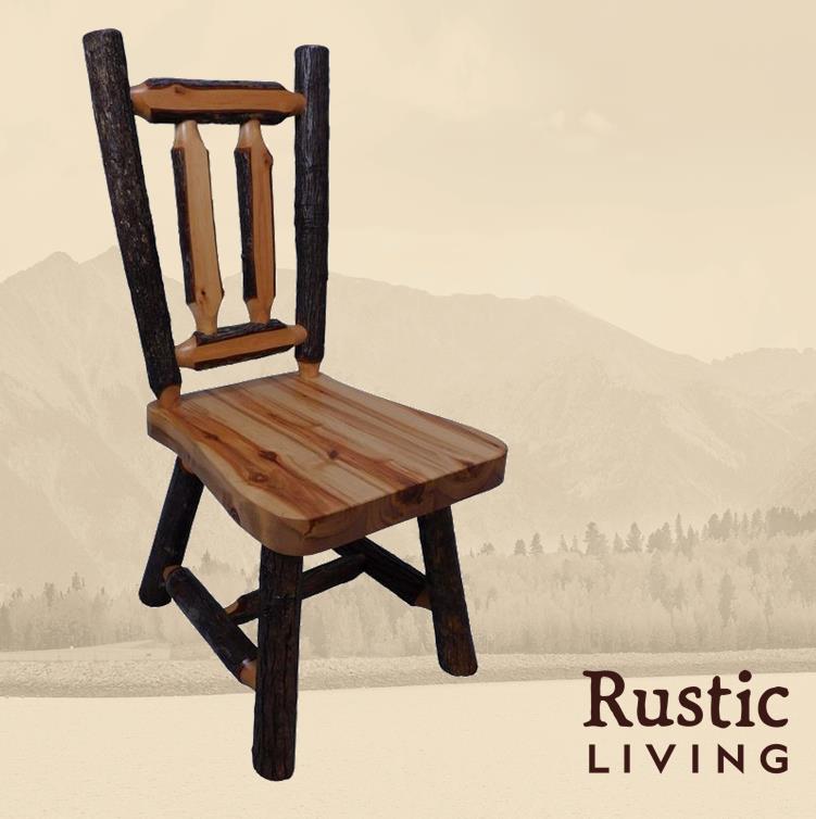 Woodland-style dining chair made from sturdy hickory logs, featuring a natural rustic finish with visible wood grain and knots. The chair has a slatted backrest and a solid wooden seat, blending handcrafted charm with rugged durability.