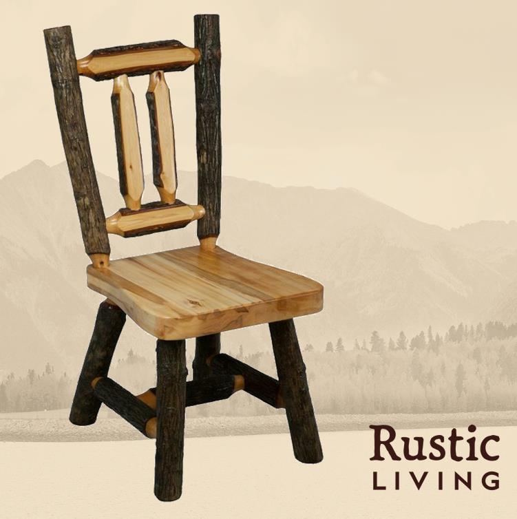 Woodland-style dining chair made from sturdy hickory logs, featuring a natural rustic finish with visible wood grain and knots. The chair has a slatted backrest and a solid wooden seat, blending handcrafted charm with rugged durability.