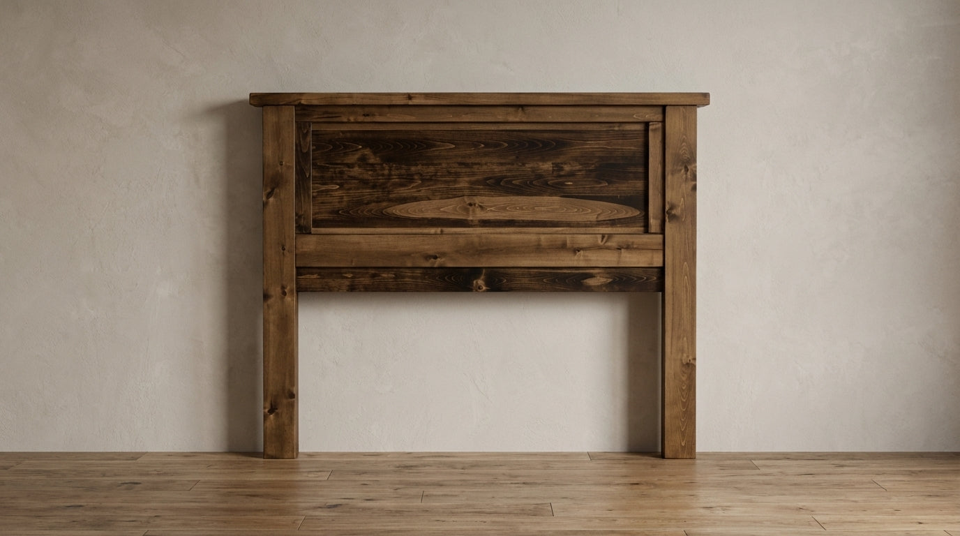 Farmhouse woodland headboard set against a wall. 